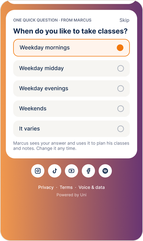 A member’s page on a phone, with example data: the quick question “When do you like to take classes?” with weekday mornings, midday, evenings, weekends and it varies as one-tap answers.