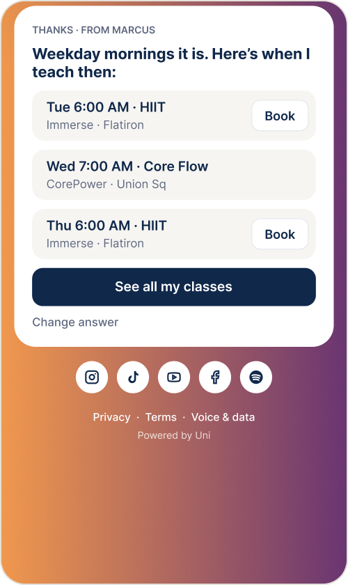 A member’s page on a phone, with example data: the answer, a short list of the instructor’s next matching classes at different studios, each with a Book button.