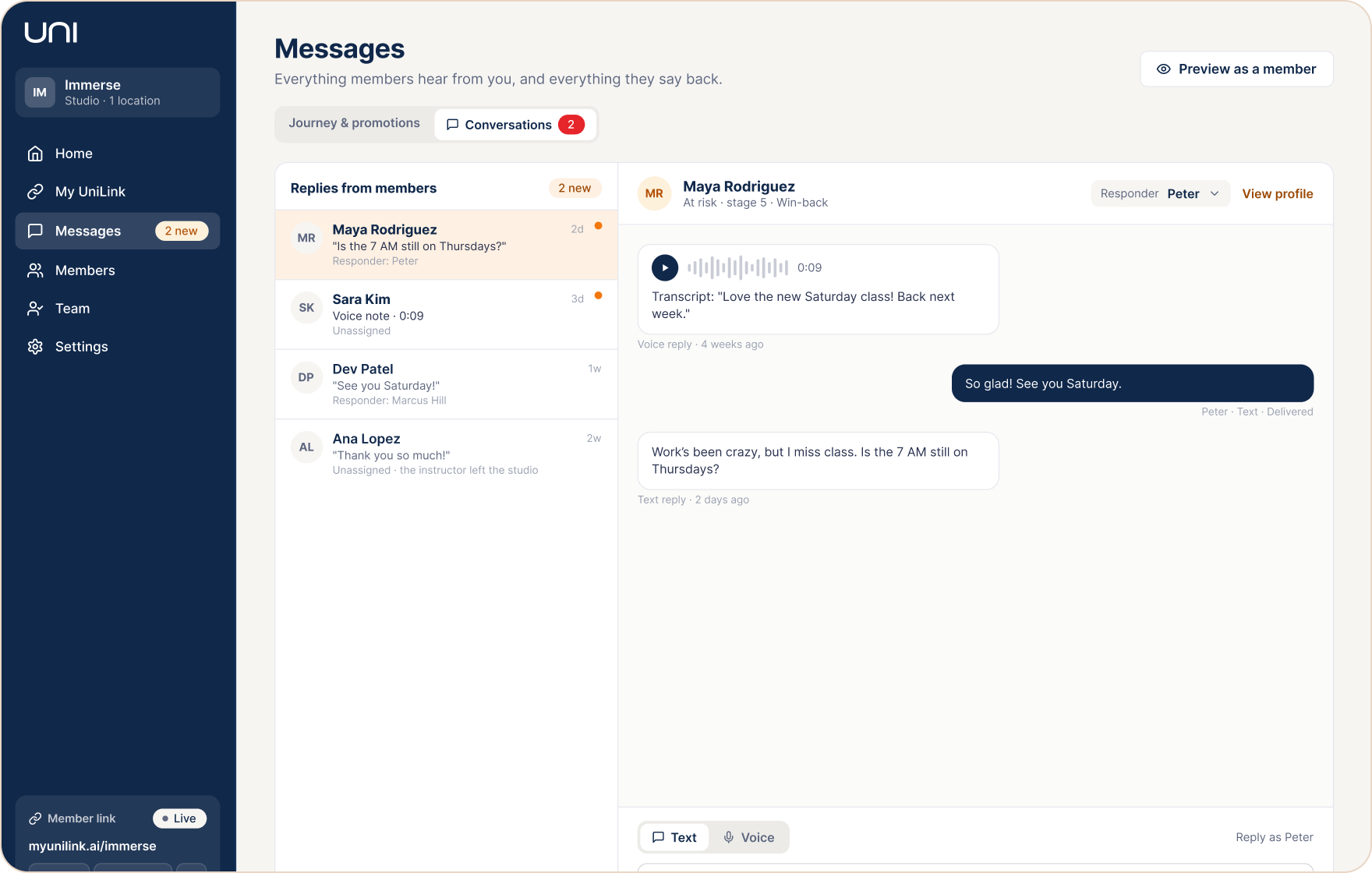 The Messages screen in Uni, Conversations tab, with example data: a list of member replies on the left and one member’s voice and text replies on the right, with a reply box for the studio.