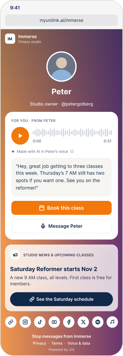 A member’s page on a phone, with example data: this week’s note from the instructor and a promotion for a new Saturday class.