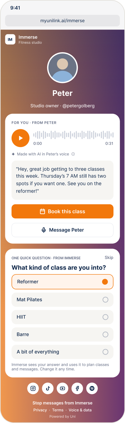 A member’s page on a phone, with example data: this week’s note from the instructor, labelled as made with AI, and a quick question about which class to take.